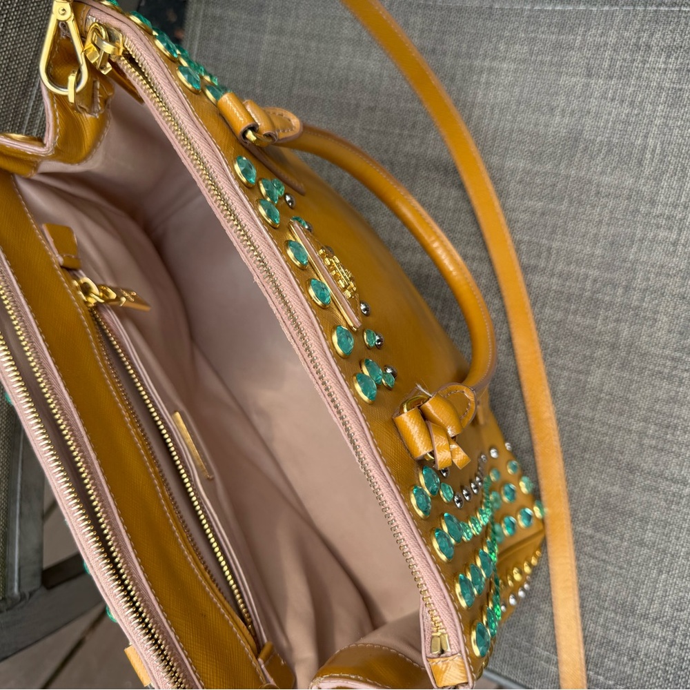 EUC! Prada Vintage Tan and Blue Studded Satchel Crossbody - Picture 3 of 7